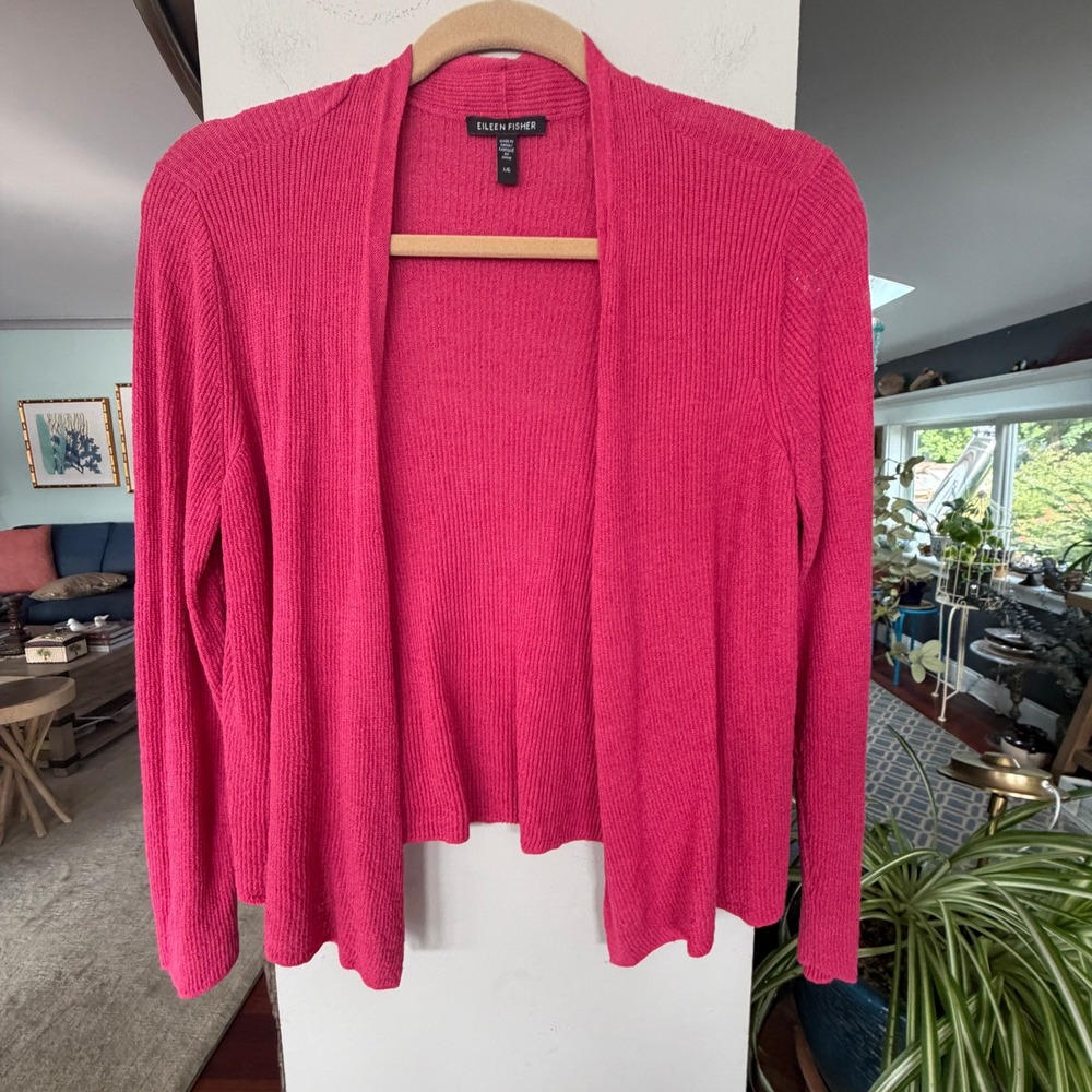 Eileen Fisher Cardigan Womens L Pink Excellent Organic Linen Cotton Ribbed Knit